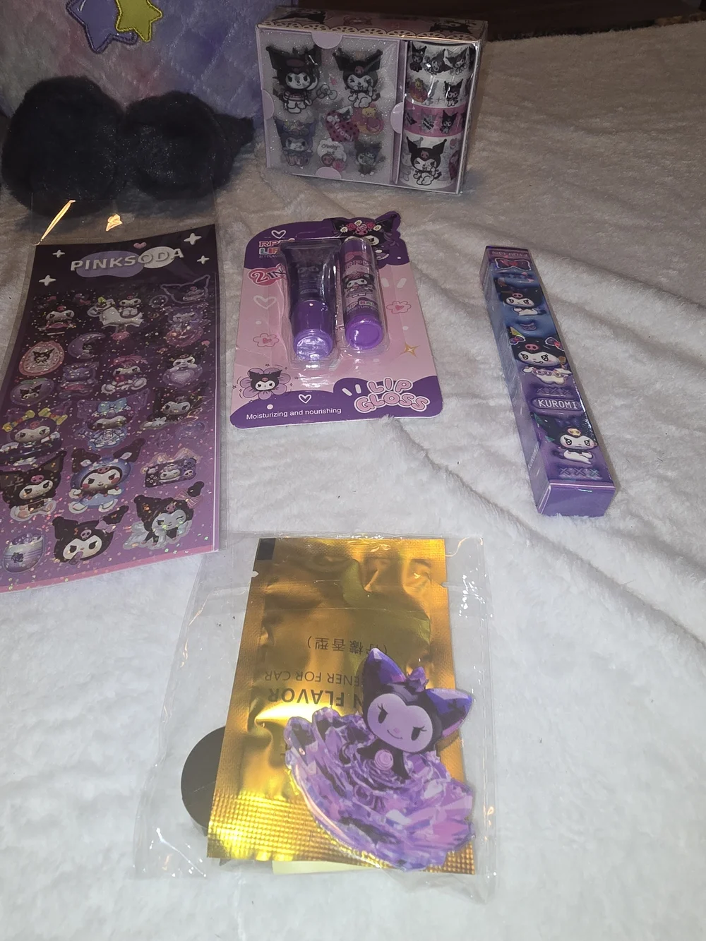 Sanrio Kuromi Purple Plush Backpack & Mega Stationery Lip Gloss Accessory Bundle